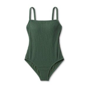 KONA SOL Crinkle Textured One-Piece Square Neck Green Swimsuit, Sz S